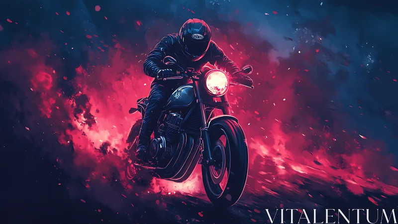 Cyberpunk rider in neon combustion field, dynamic digital painting.