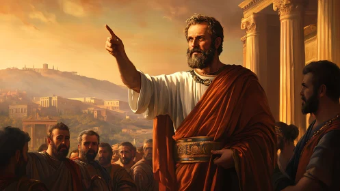 Orator in golden light inspiring a gathered ancient crowd.