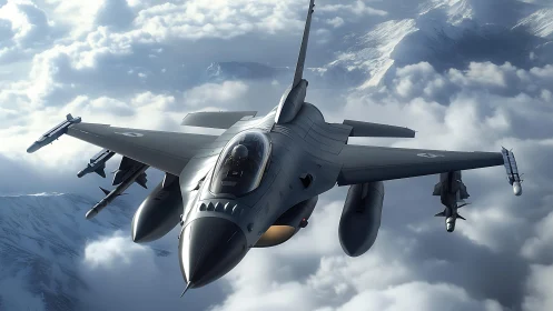 Single-seat multirole jet flying above alpine cloud deck