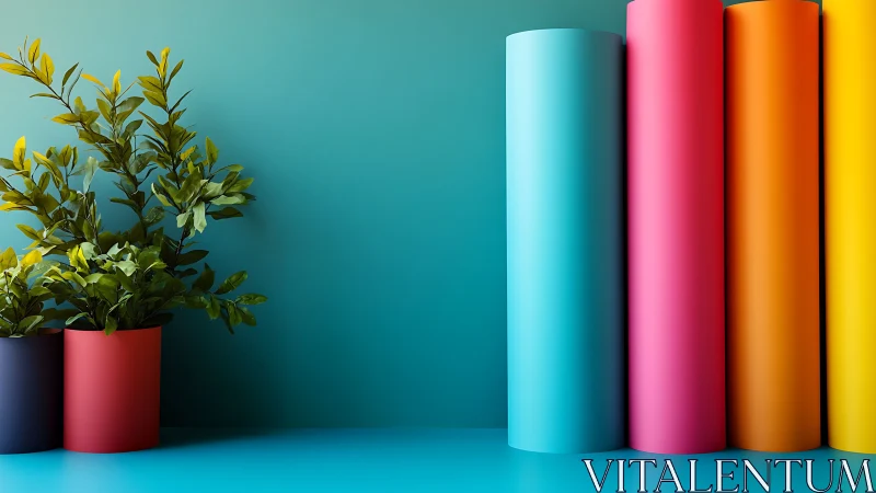 Chromatic cylinders and foliage in balanced color-field study.