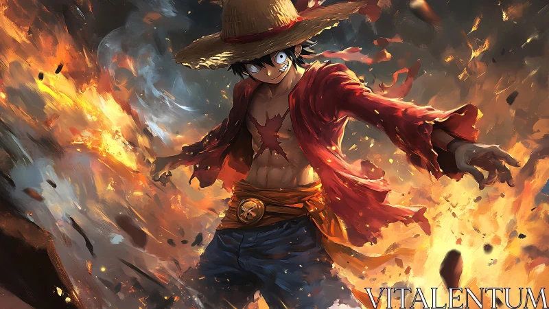 Straw hat warrior strides through erupting firestorm blaze.