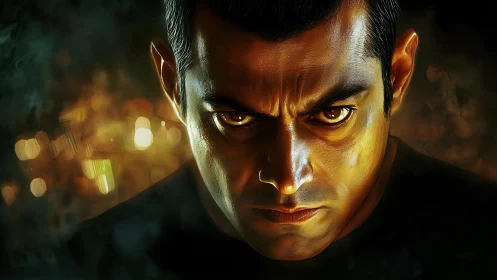 Intense male portrait glows in dramatic golden light.