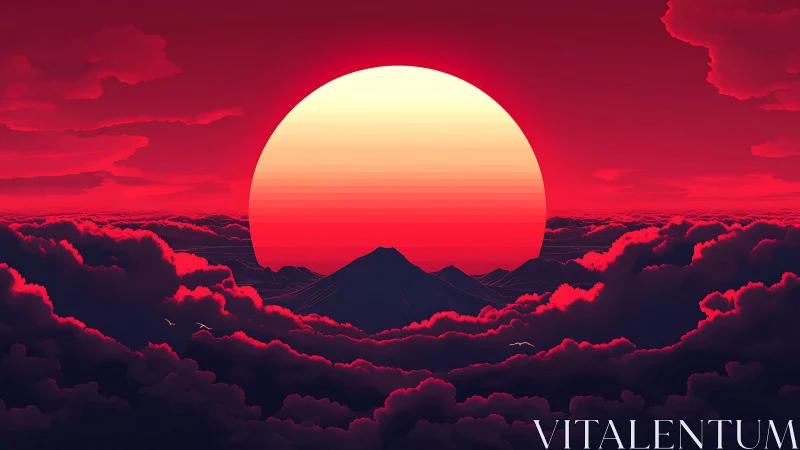 Vivid red sun setting behind dark mountains and clouds.