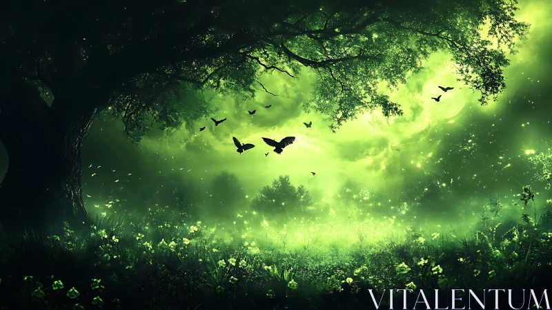 Bioluminescent forest canopy with silhouetted avian motion field.