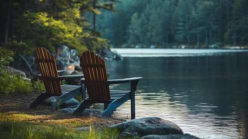 Lakeside Adirondack chairs in golden hour forest light.