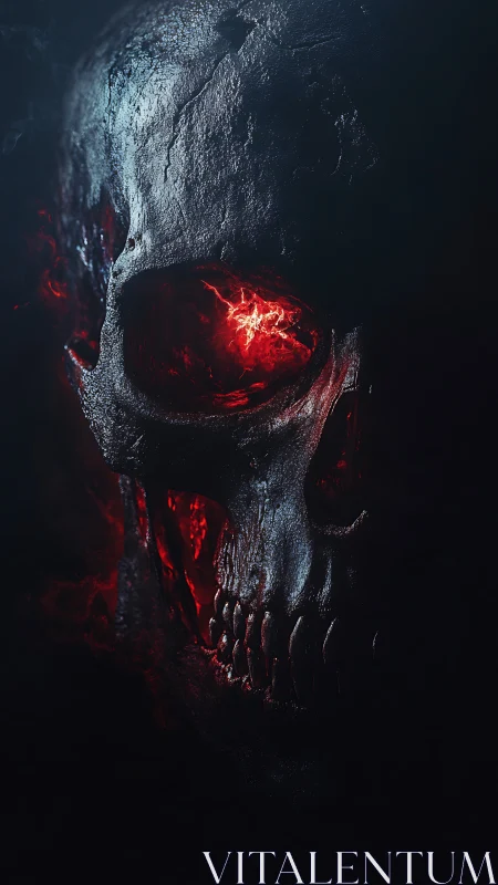 Charred skull closeup with glowing red eye socket detail.