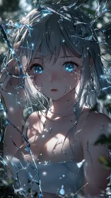 Crystal-eyed girl framed by shattered reflective glass