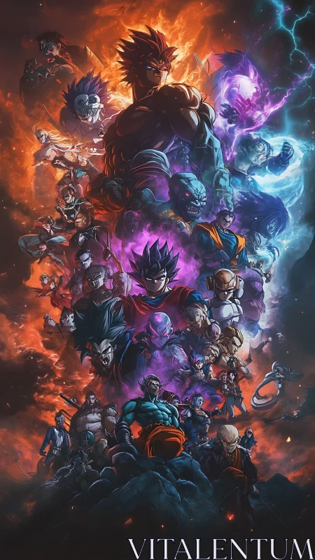 Anime warriors converge amid fire and lightning energy clash.