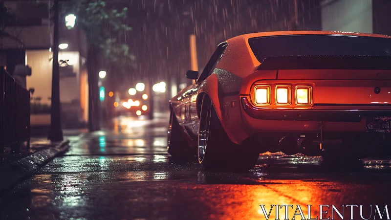 Muscle car taillights glowing on slick neon city street.