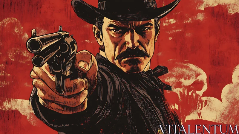 Revolver stare-down in a blood-red frontier stormscape.