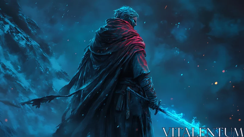 Lone warrior stands in icy storm with glowing frostblade.