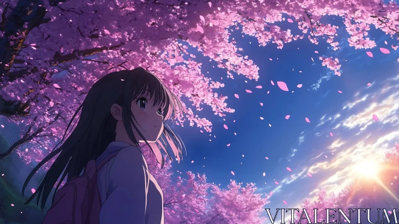 Girl walks under cherry blossoms at radiant spring sunset.