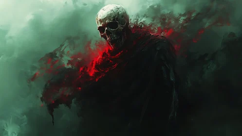 Skeletal figure in dark cloak amid red and green haze.