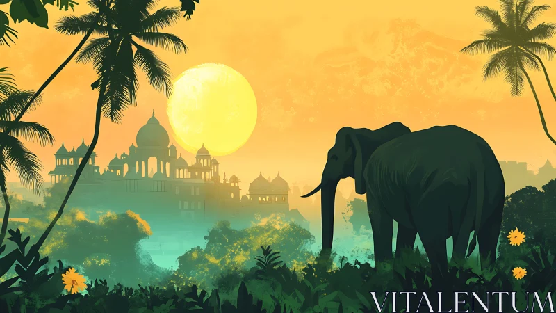Elephant stands before domed palace at vivid tropical sunset