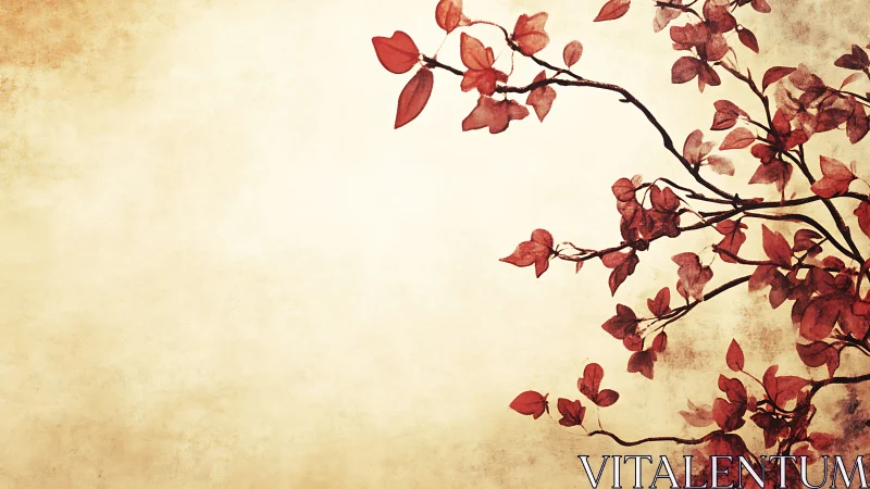 Red leafy branches on textured beige background. Period.