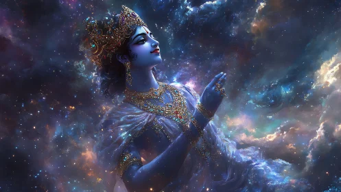 Celestial blue deity in jeweled regalia within cosmic nebula.
