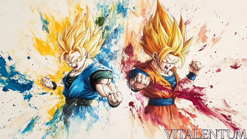 Twin blazing warriors erupt through splashes of power.