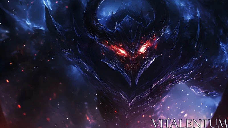 Demonic void titan emerges with burning eyes from swirling darkness