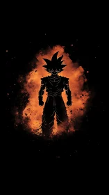 Silhouetted fighter figure stands before orange energy field