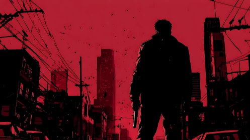 Silhouetted gunman overlooking red urban cityscape.