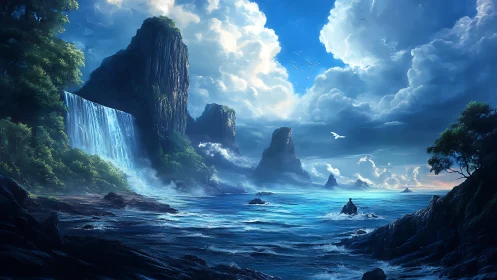 Columnar rock formations with coastal waterfall and atmospheric conditions.