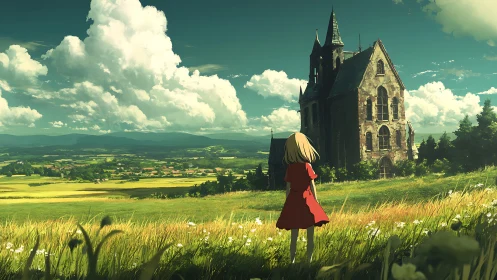 Girl observing old stone church in wide rural landscape.