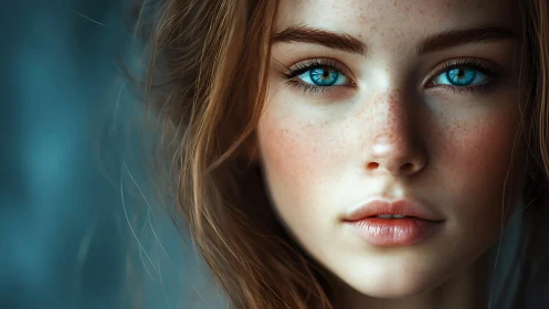 Hyperreal blue-eyed portrait captures freckled young woman