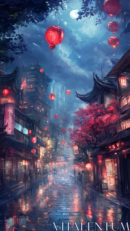 Lantern-lit neon alley under moonlit cyberpunk skyline.