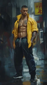 Streetlit thunderheart in yellow jacket and wet neon alley.