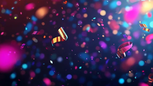 Colorful confetti ribbons float in sharp focus against bokeh