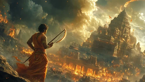 Warrior with bow overlooking burning temple city at dusk.