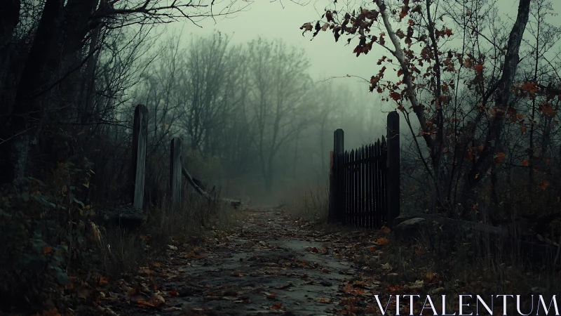 Mist-laden forest path framed by decaying wooden fences at dusk