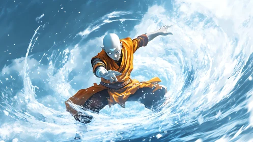 Bold monk rides a swirling water vortex with calm power