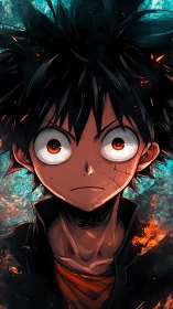Intense anime boy stares ahead amid swirling embers