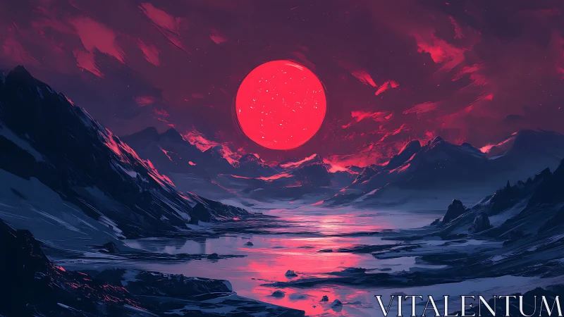 Crimson supermoon dominates frozen alien valley horizon