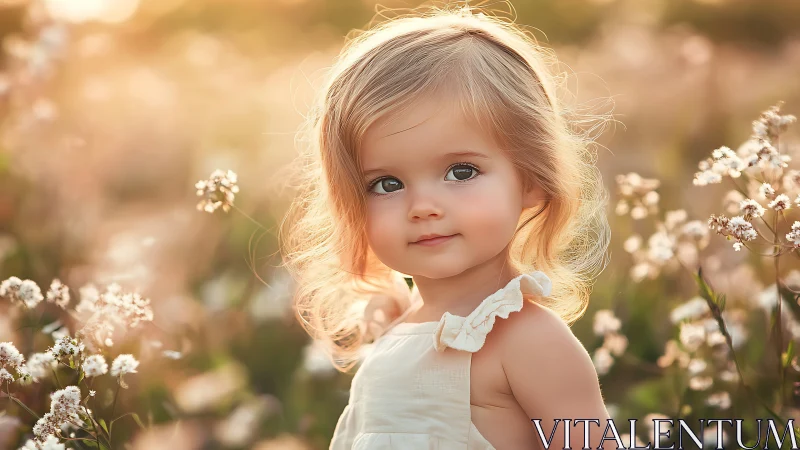 Young girl in wildflowers with golden hour glow.