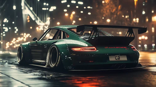Widebody green sports car on wet neon-lit city street.