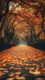 Telephoto autumn park avenue with leaf-carpeted walkway