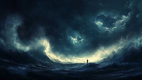 Lone figure amid towering storm waves under glowing sky.