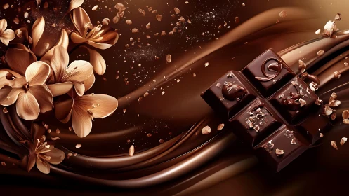 Chocolate pieces float beside stylized cocoa flowers