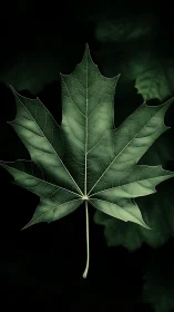 Macro study of single green maple leaf on dark bokeh field