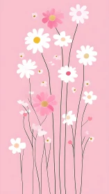 Illustration shows collection of stylized daisies with varied petal configurations arranged vertical