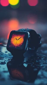 Smartwatch with luminous display rests on wet reflective surface