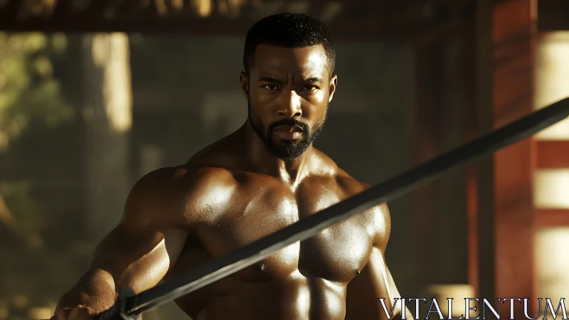 Muscular warrior holds sword in sunlit training space.