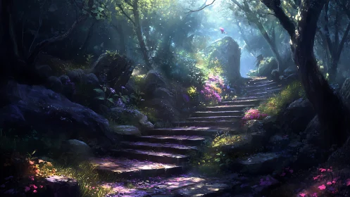 Mystical Forest Path with Bioluminescent Flora