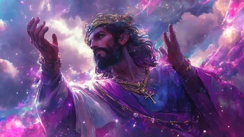Majestic crowned figure in cosmic purple clouds.