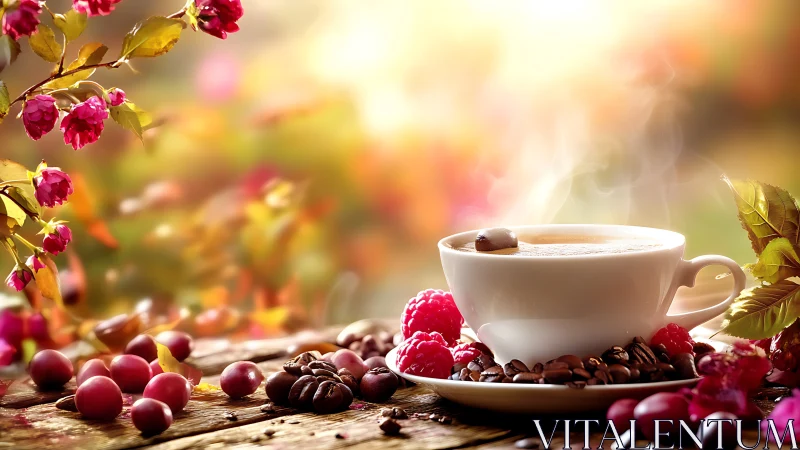 Steaming coffee cup framed by berries on rustic wooden surface