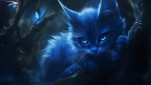 Blue Feline With Luminous Eyes in Enchanted Forest
