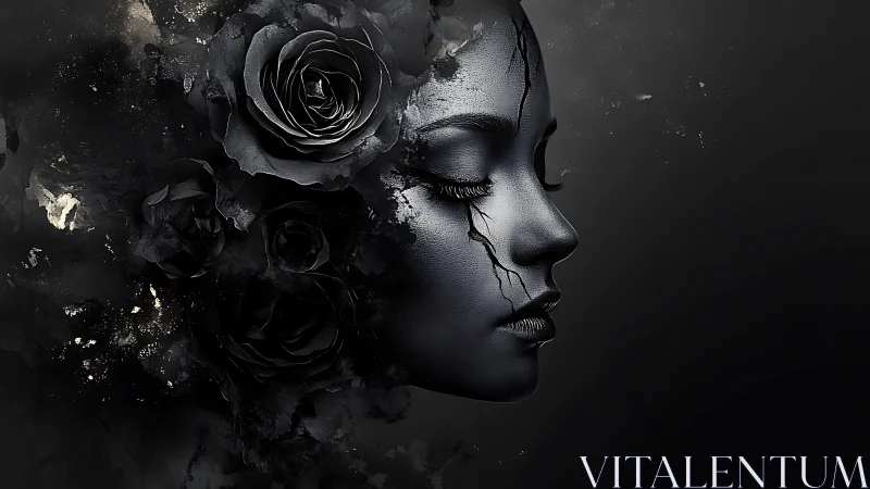 Side profile female face merges with dark roses and cracks