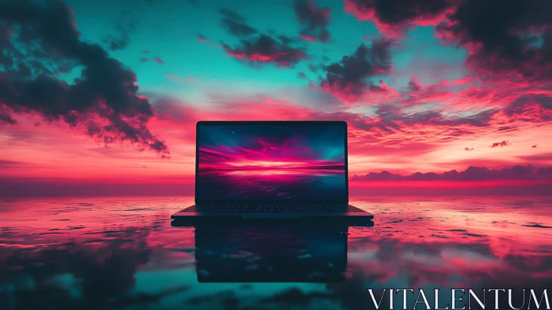 Cyberpunk horizon laptop against neon sunset reflection field.